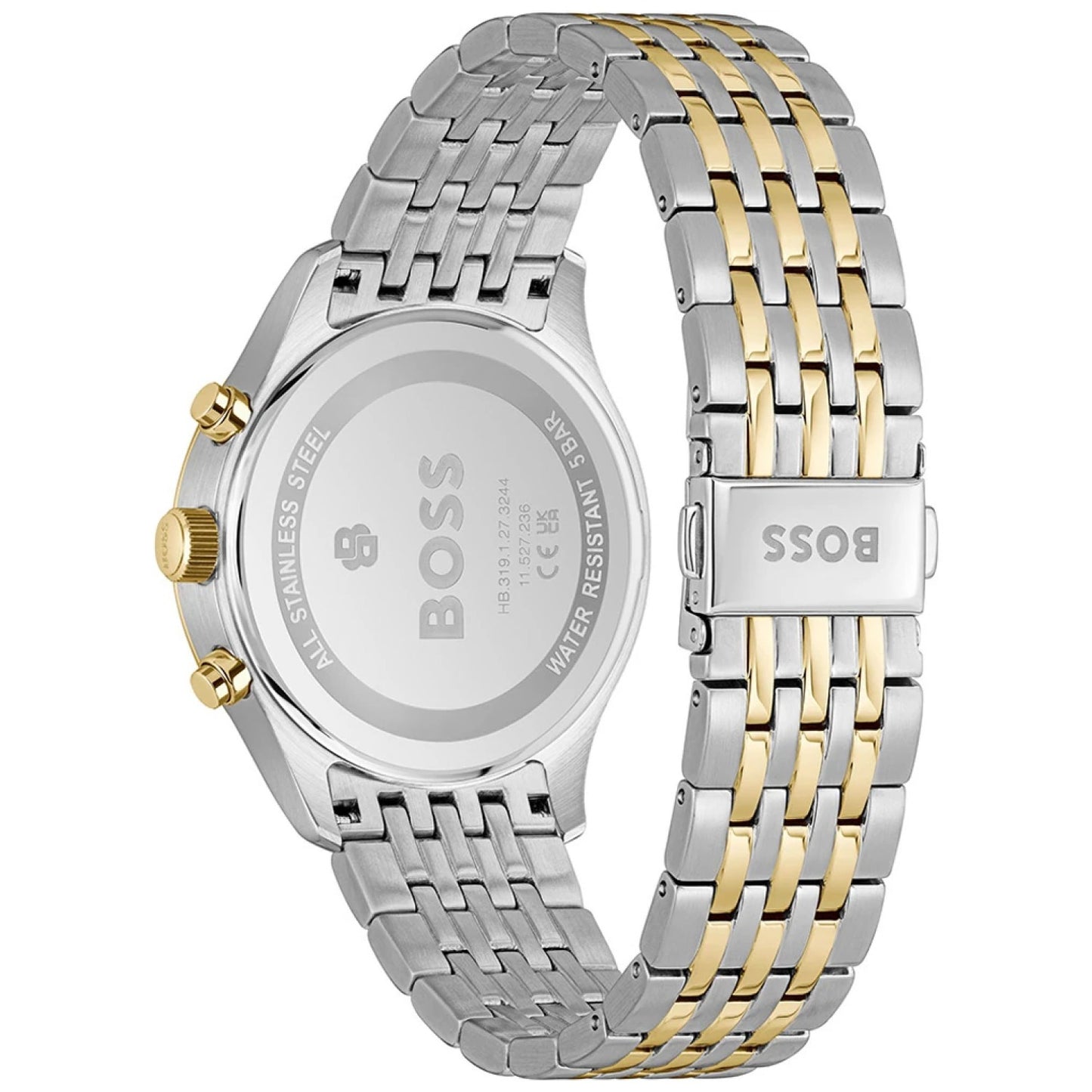 Herrenarmbanduhr: Edelstahlrückseite mit BOSS-Schrift, zweifarbiges Gliederarmband