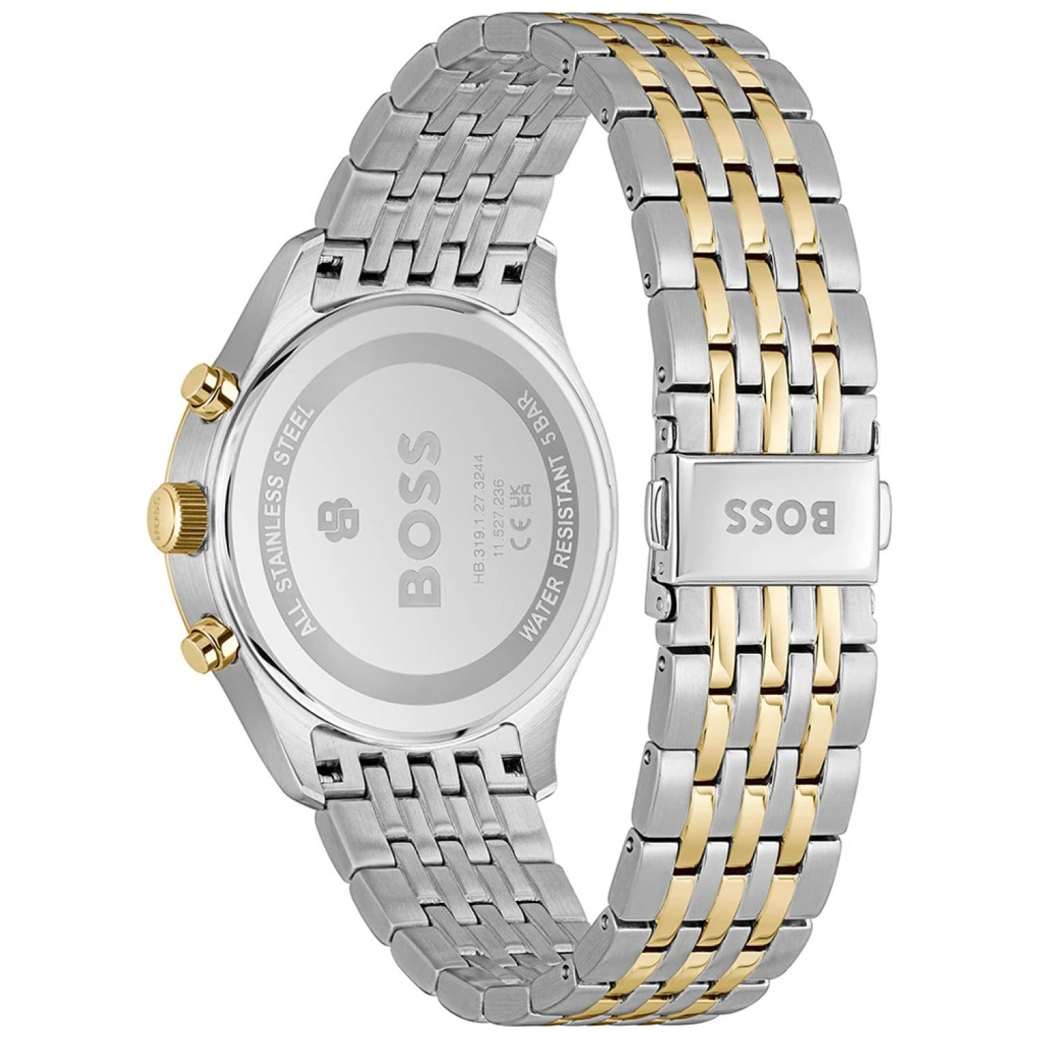 Herrenarmbanduhr: Edelstahlrückseite mit BOSS-Schrift, zweifarbiges Gliederarmband
