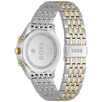 Herrenarmbanduhr: Edelstahlrückseite mit BOSS-Schrift, zweifarbiges Gliederarmband