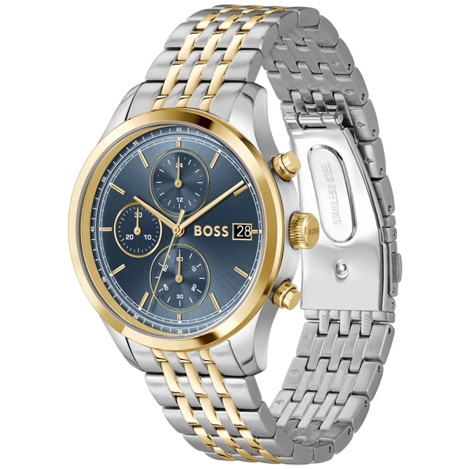 Herrenarmbanduhr mit blauem Chronograph-Zifferblatt, zweifarbigem Edelstahlarmband, Datum