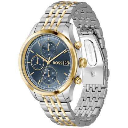 Herrenarmbanduhr mit blauem Chronograph-Zifferblatt, zweifarbigem Edelstahlarmband, Datum