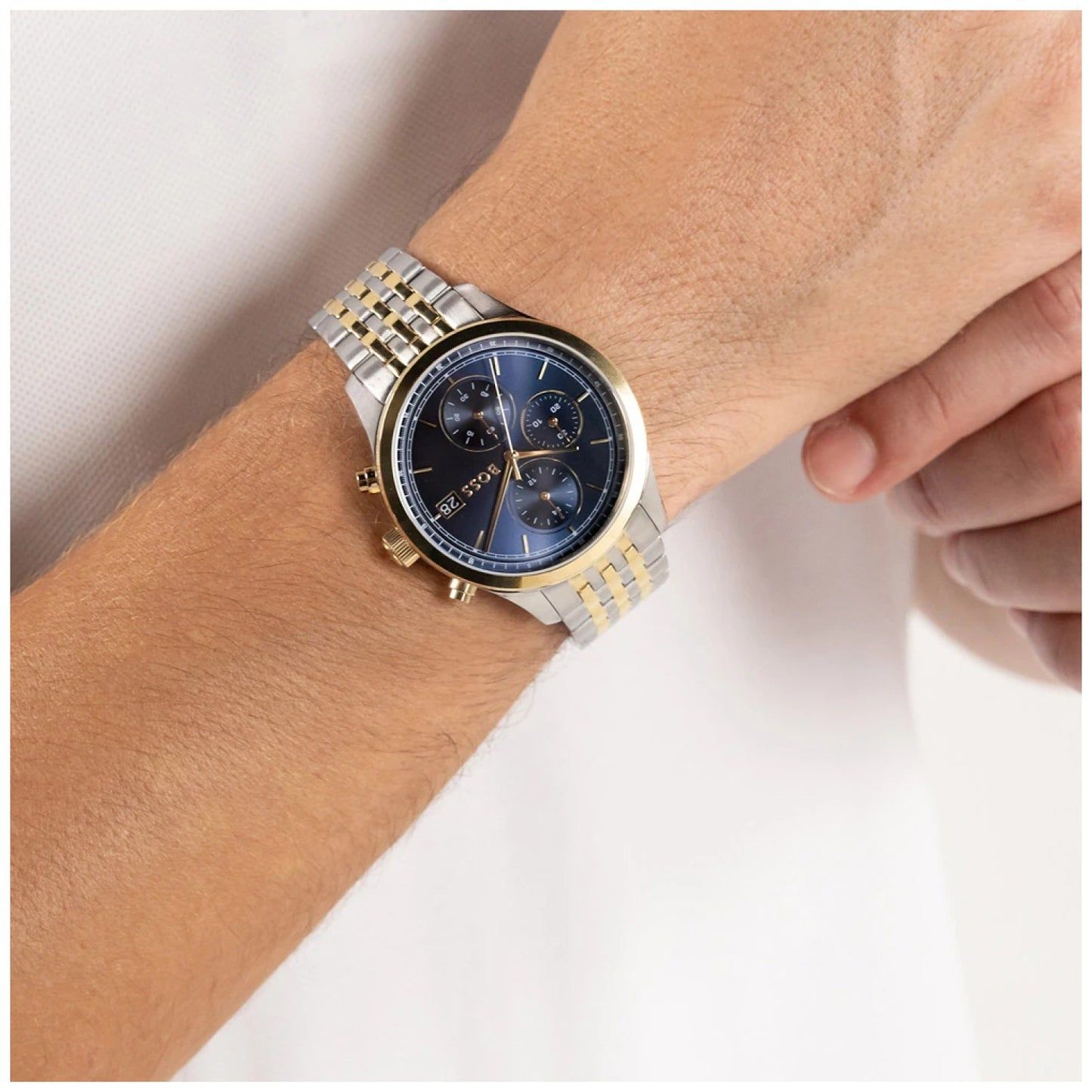 Herrenarmbanduhr: blaues Chronograph-Zifferblatt, zweifarbiges Edelstahlarmband, Datum