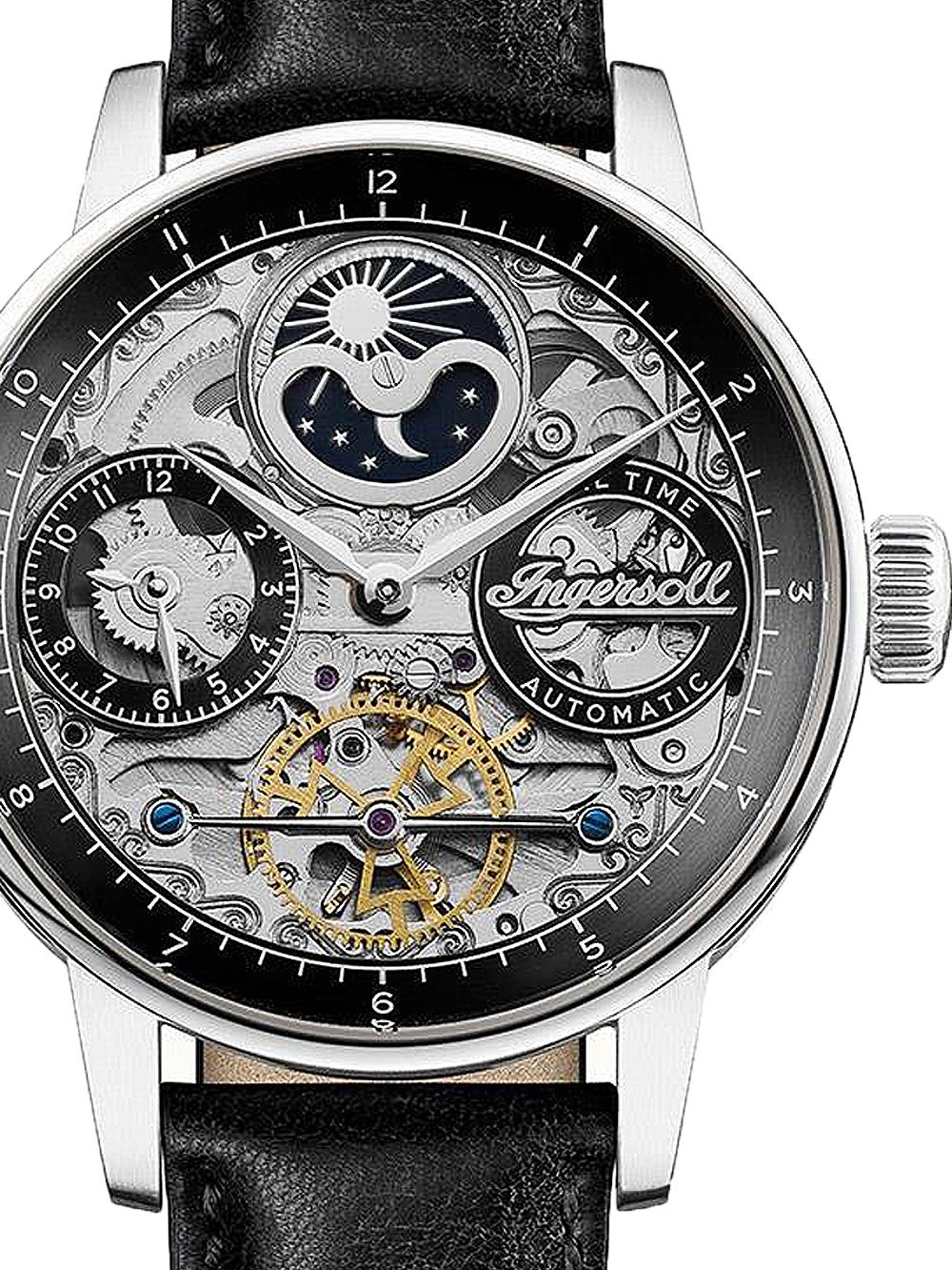 Herren-Skelettuhr: schwarzes Zifferblatt, Mondphase & Dual-Time, silbernes Gehäuse, Lederband
