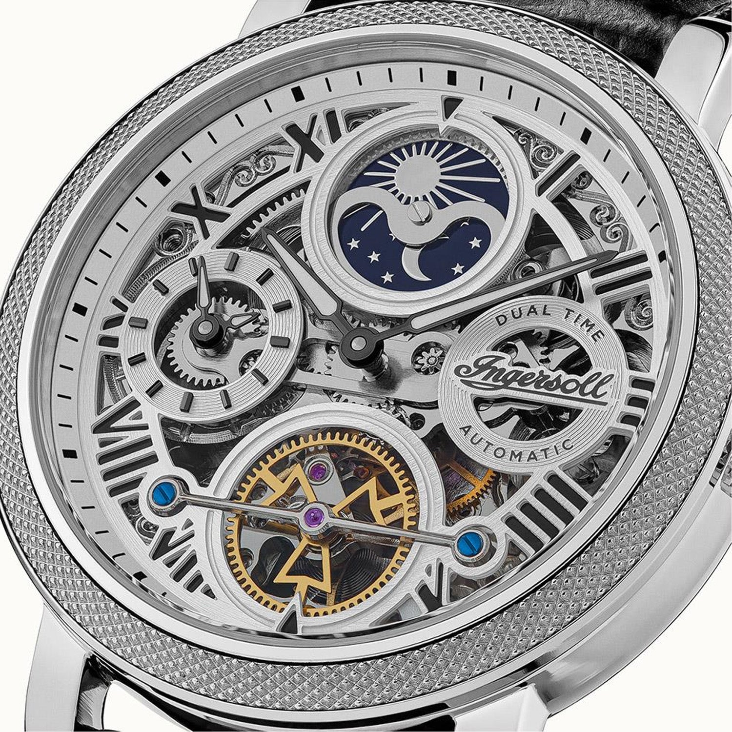 Herren-Armbanduhr Ingersoll: Skelett-Automatikwerk mit Mondphase, schwarzes Lederband