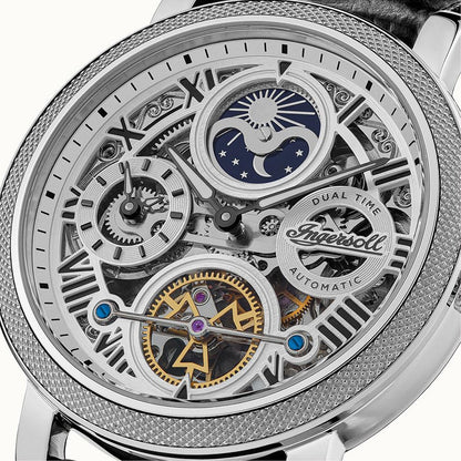Herren-Armbanduhr Ingersoll: Skelett-Automatikwerk mit Mondphase, schwarzes Lederband
