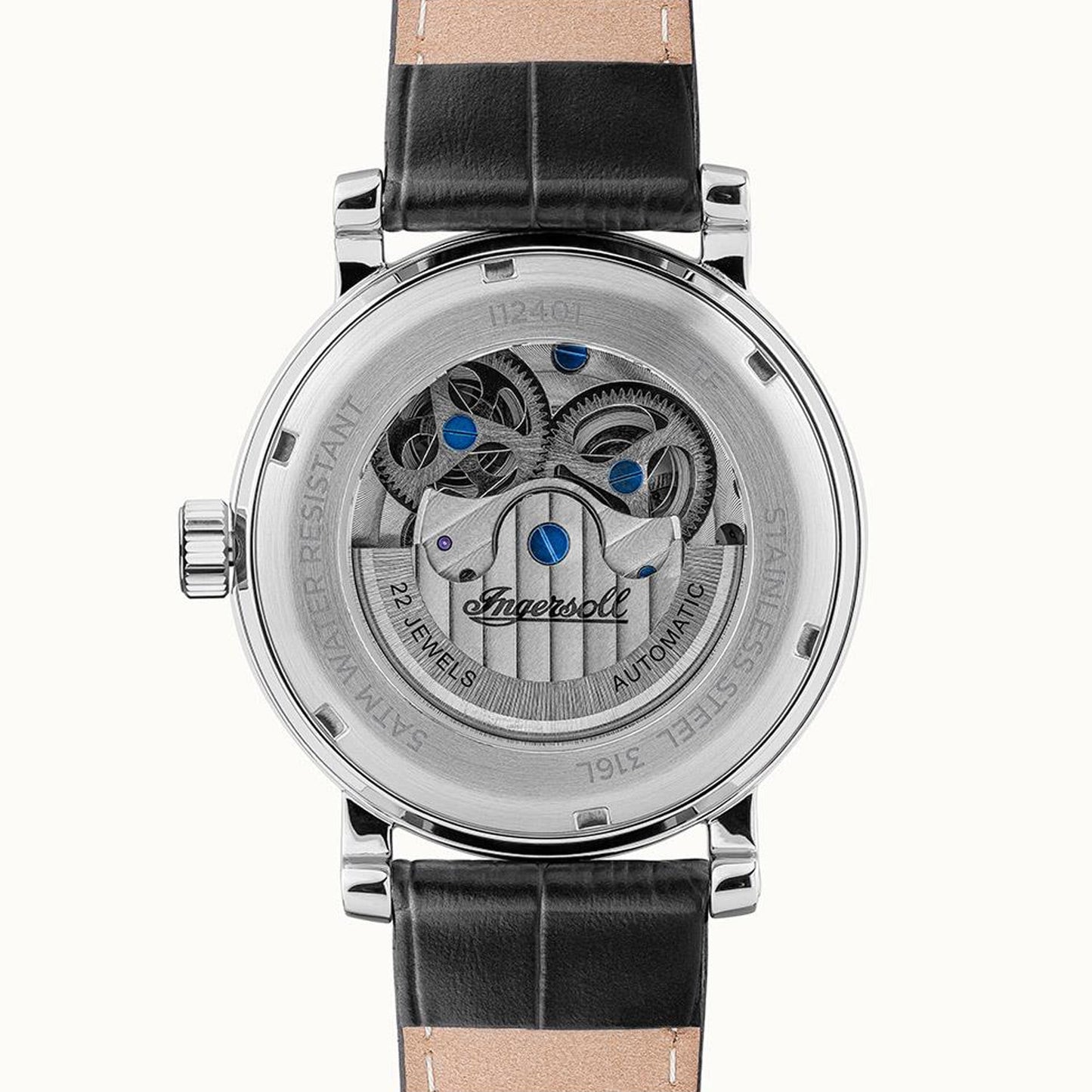 Herren-Armbanduhr Ingersoll mit Skelett-Ansicht des Automatikwerks, schwarzes Lederband