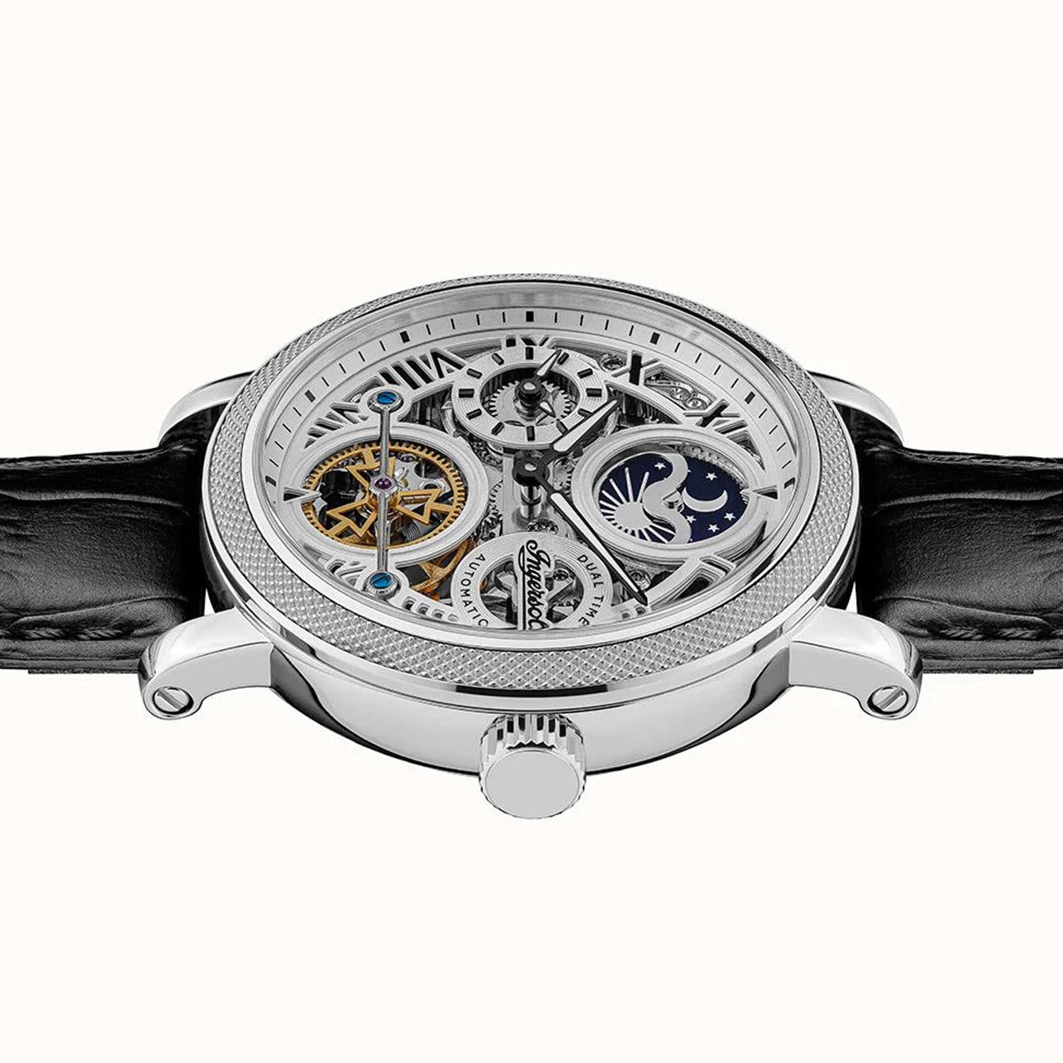 Herren-Armbanduhr Ingersoll mit Skelettzifferblatt, Mondphase, schwarzem Lederband
