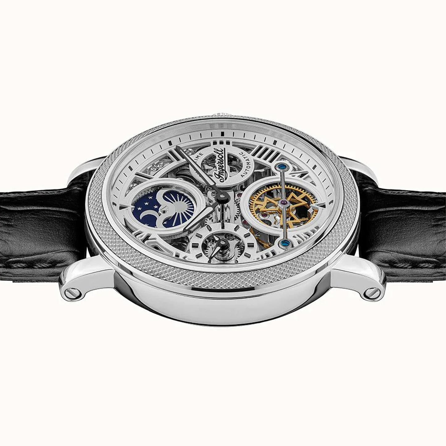 Herren-Armbanduhr Ingersoll: Skelettwerk mit Mondphase, schwarzes Lederband