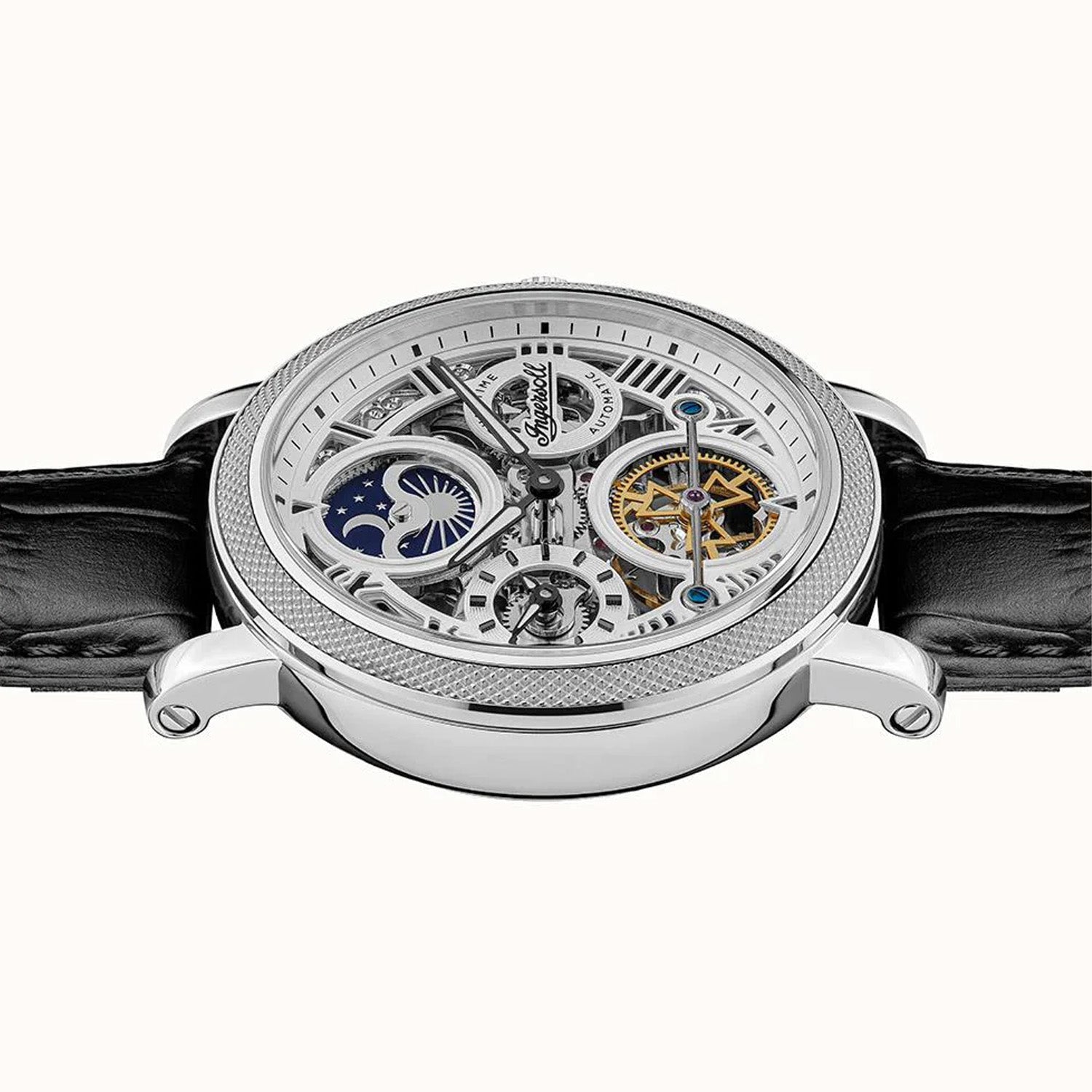 Herren-Armbanduhr Ingersoll: Skelettwerk mit Mondphase, schwarzes Lederband