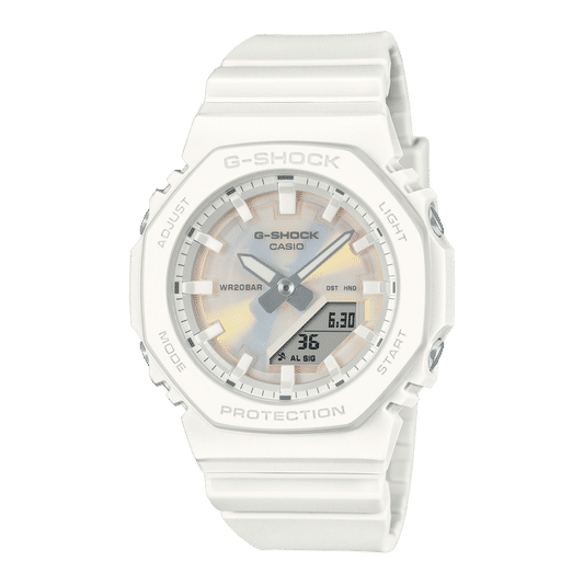 Casio G-Shock Damenuhr mit weißem Resinband und Ana-Digi Zifferblatt