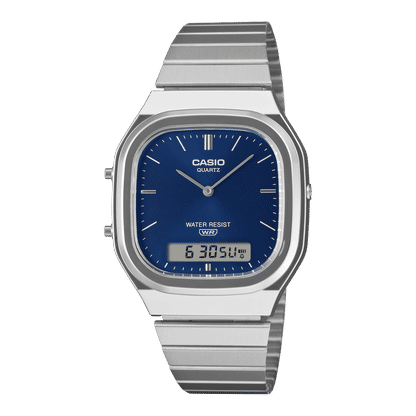 Casio AQ-240 Armbanduhr mit blauem Zifferblatt und silbernem Metallarmband, analog-digital