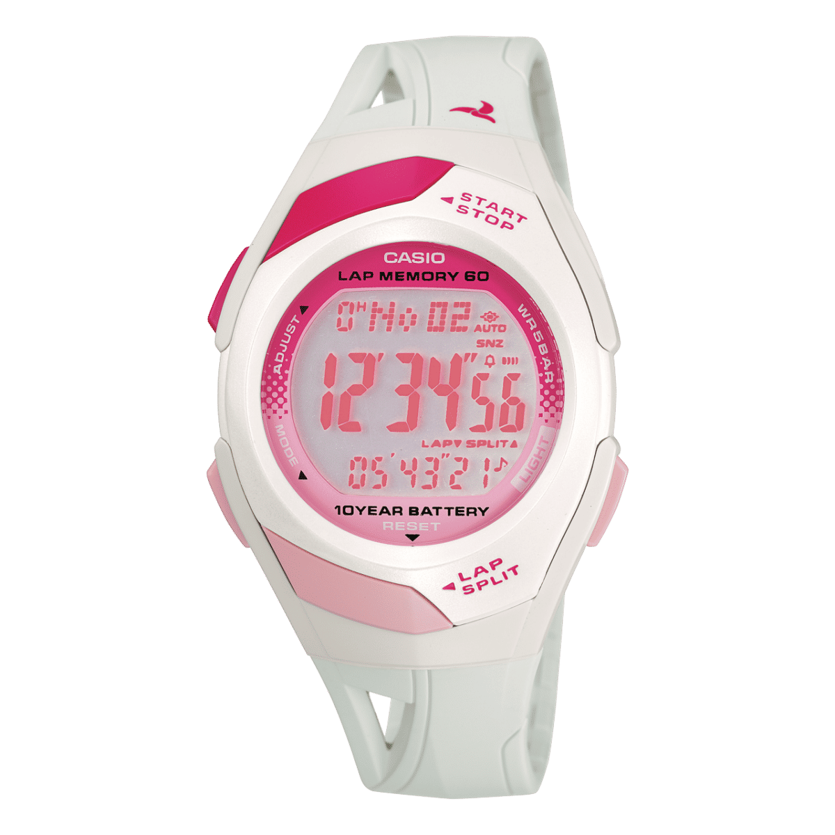Casio Damenuhr mit weißem Gehäuse, pinkem Digitaldisplay und Stoppuhr-Anzeige