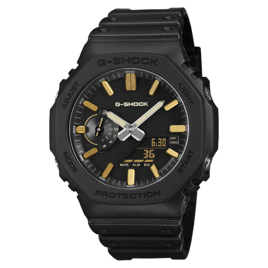 Schwarze G-SHOCK Armbanduhr mit gelb markierten Indexen, Analog-Digital-Anzeige