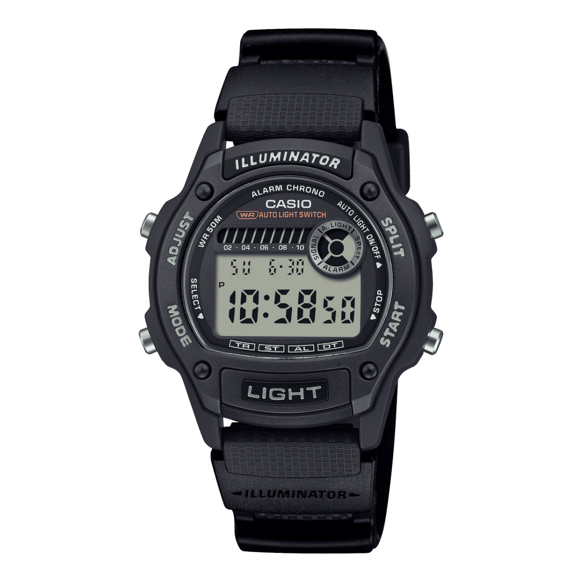 Casio Herrenuhr mit schwarzem Kunststoffarmband und digitalem Display, STOP/ LIGHT Tasten