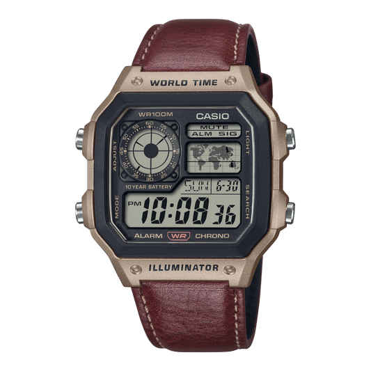 Herren-Armbanduhr mit braunem Lederband, Weltzeit-Analogring und digitalem Display