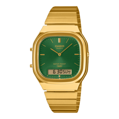 Casio Vintage AQ-240EG Armbanduhr mit grünem Zifferblatt und goldfarbenem Metallband