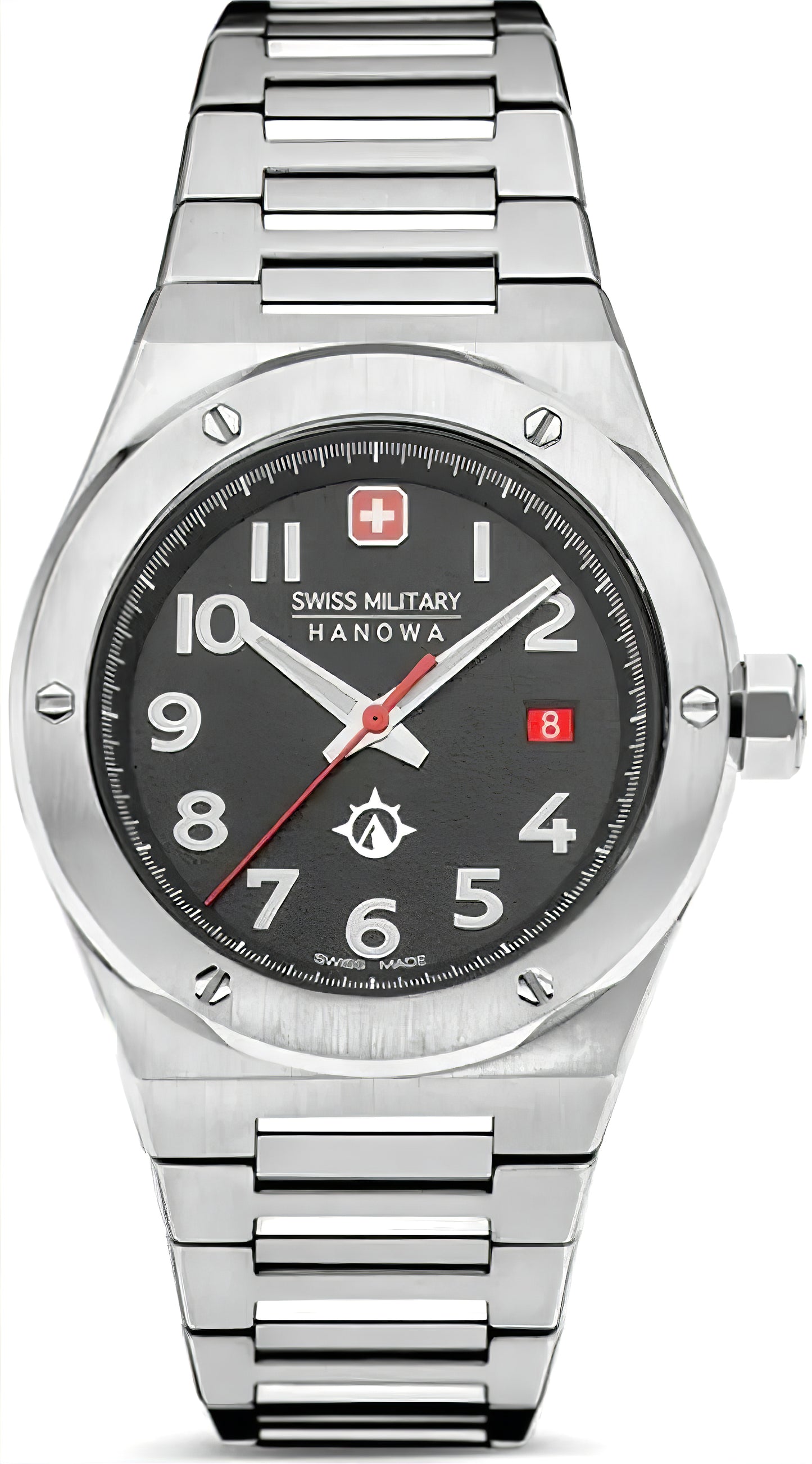 Herrenarmbanduhr mit schwarzem Zifferblatt, Edelstahlarmband und Datumsanzeige bei 8