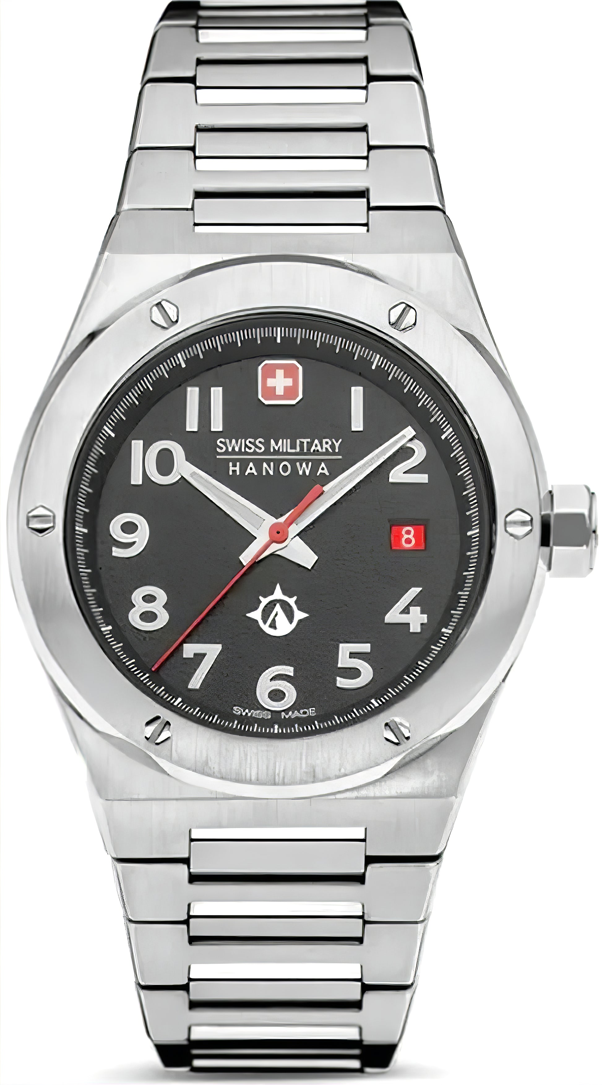 Herrenarmbanduhr mit schwarzem Zifferblatt, Edelstahlarmband und Datumsanzeige bei 8