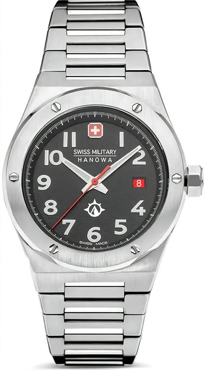 Herrenarmbanduhr mit schwarzem Zifferblatt, Edelstahlarmband und Datumsanzeige bei 8