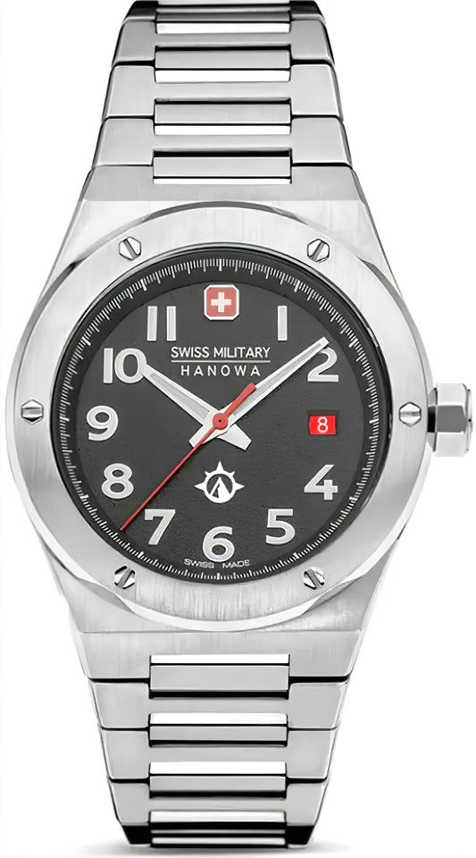 Herrenarmbanduhr mit schwarzem Zifferblatt, Edelstahlarmband und Datumsanzeige bei 8