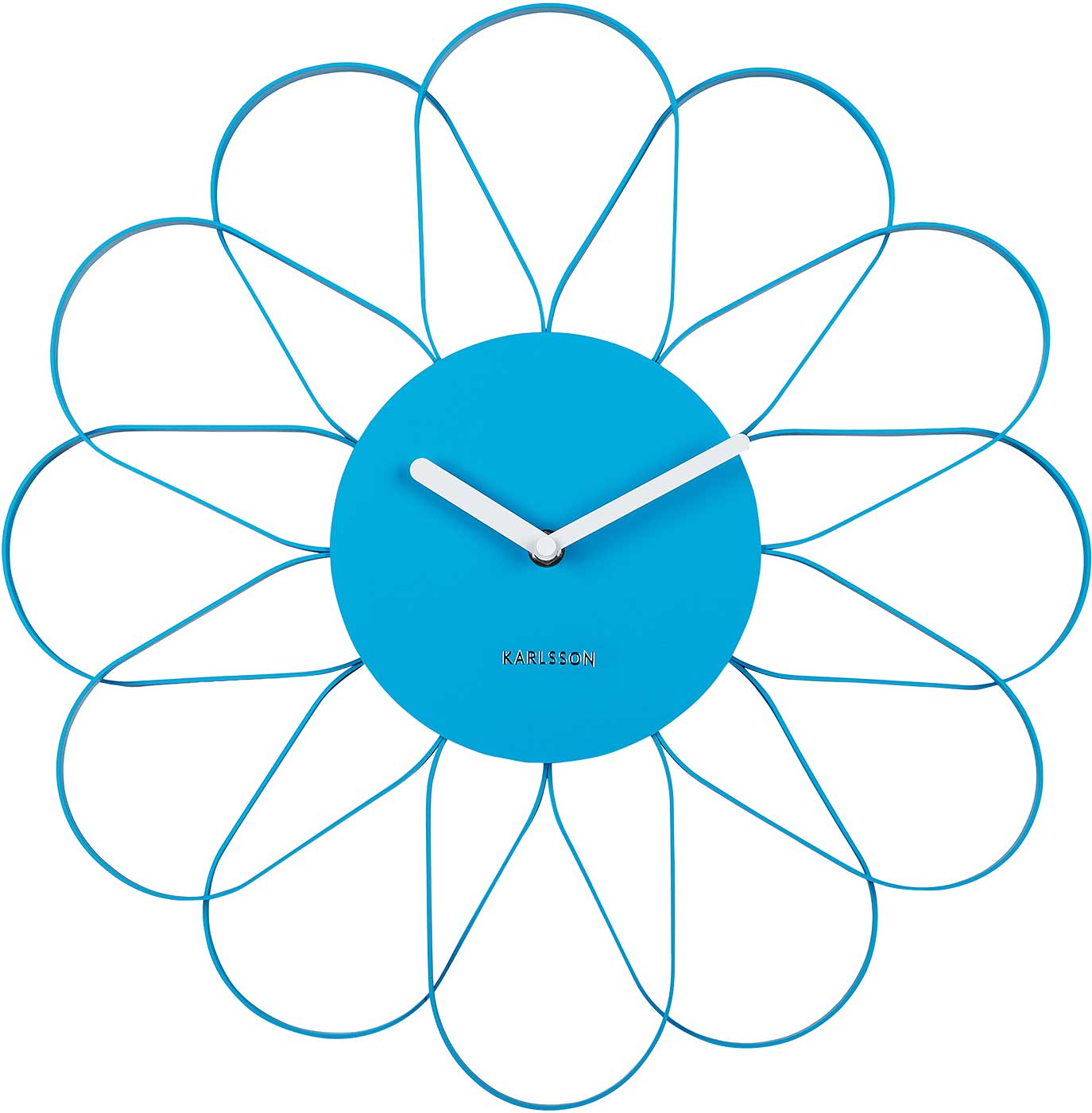 Horloge murale avec motif floral bleu, aiguilles blanches et cadran rond
