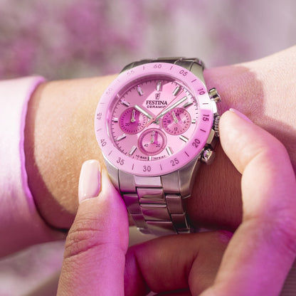 Unisex-Chronograph am Handgelenk, rosa Zifferblatt mit Chronografenzählern, silbernes Armband