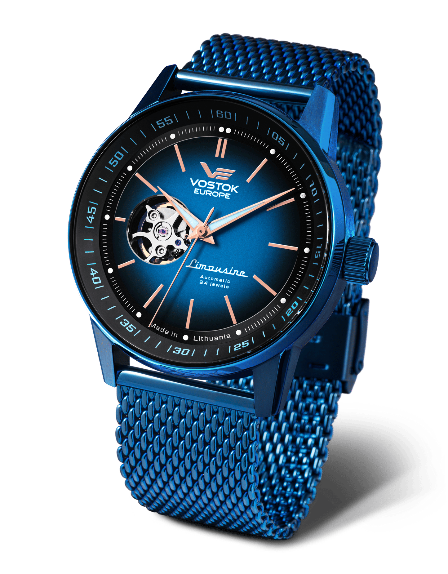 Herrklocka VOSTOK EUROPE med blått mesh-armband, öppet hjärta och svart urtavla.