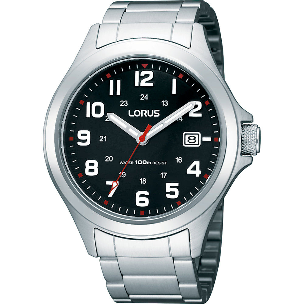 Lorus Herrenarmbanduhr mit schwarzem Zifferblatt, silbernem Metallband und Datumsanzeige