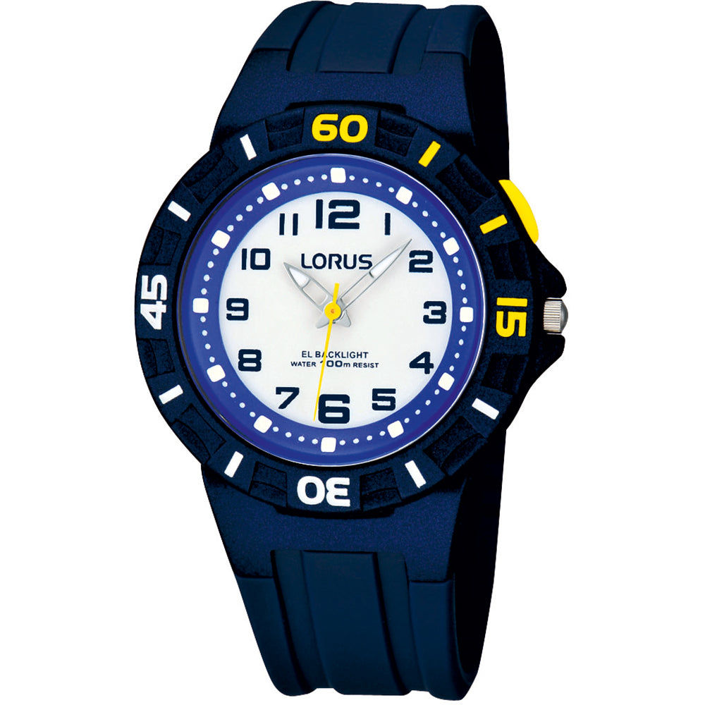 Lorus Young Kinderuhr mit blauem Kunststoffarmband und blau-weißem Zifferblatt
