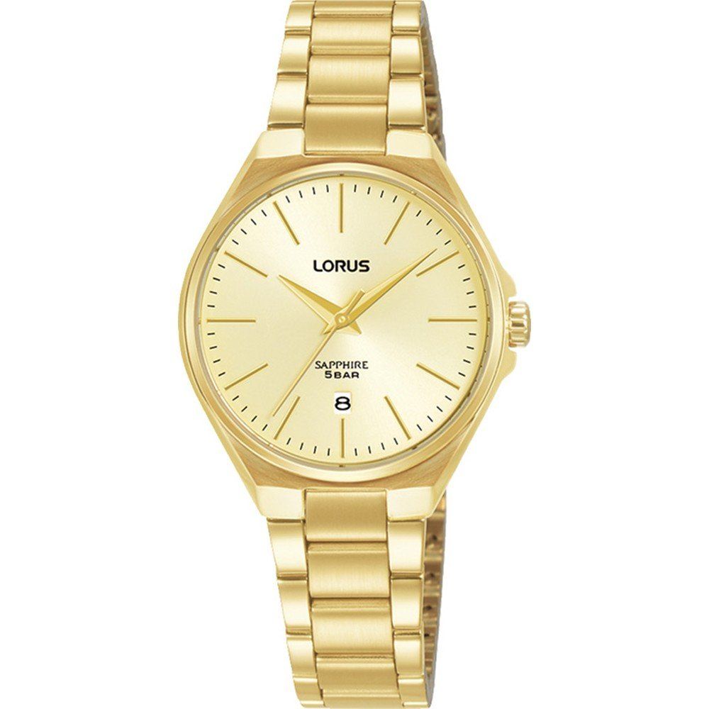 Lorus Damenarmanduhr mit goldenem Edelstahlarmband, rundem Zifferblatt und Saphirglas