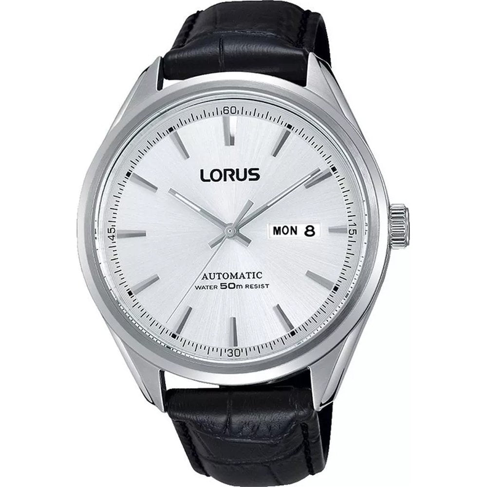 Herrenarmbanduhr Lorus mit schwarzem Lederband, silbernem Gehäuse und weißem Zifferblatt