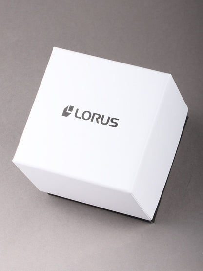 Weiße Lorus Uhrenverpackung mit LORUS-Logo