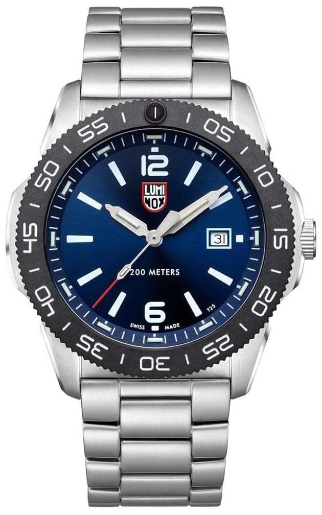 Montre homme avec cadran bleu, index luminescents, lunette de plongée et bracelet en acier inoxydable