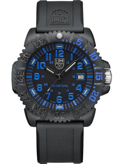 Herren-Armbanduhr mit schwarzem Carbonox-Gehäuse, schwarzem Kautschukband und blauem Zifferblatt