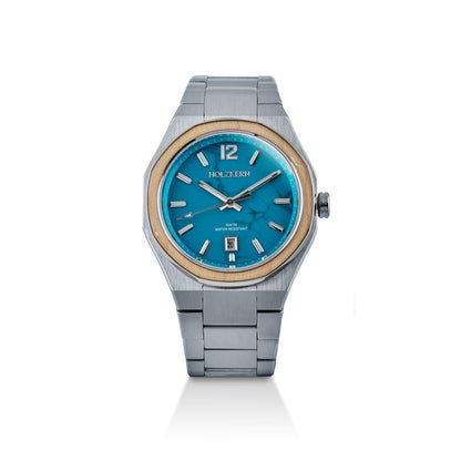 Herrenarmbanduhr frontal: silberfarbenes Metallband, blaues Zifferblatt, Holzlünette