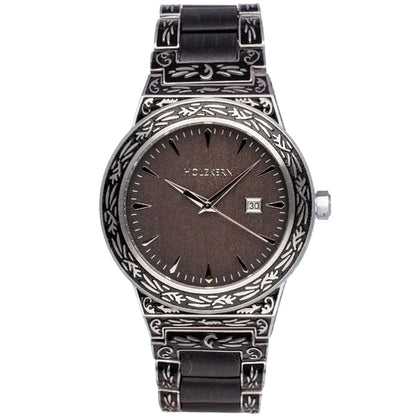 Holzkern Quarzarmbanduhr in Grau, Metallarmband mit Zierprägung, rundes dunkles Zifferblatt