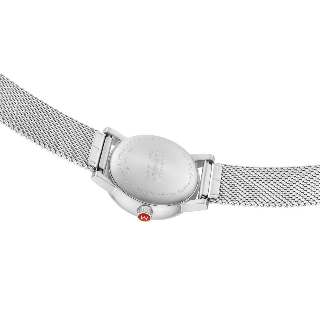 Damenuhr Rückseite am Armbandverschluss aus silberfarbenem Metall, runde Gehäuseform