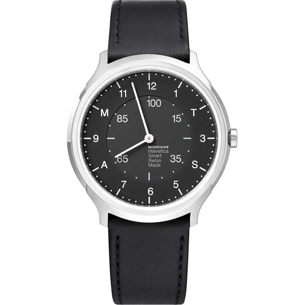 Herrenarmbanduhr mit silbernem Gehäuse, schwarzem Zifferblatt und schwarzem Lederarmband