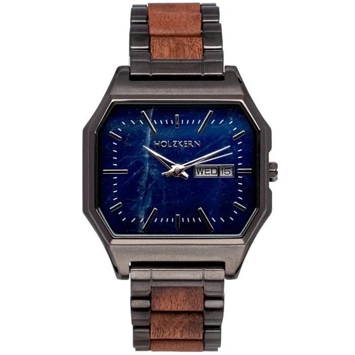 Holzkern Moneo Armbanduhr mit blauem Zifferblatt und Holz-Edelstahl-Armband