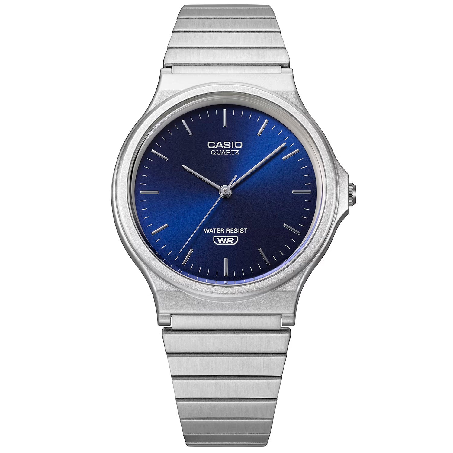 Casio Quarz-Armbanduhr: dunkelblaues Zifferblatt, Edelstahlarmband, Wasserresist WR