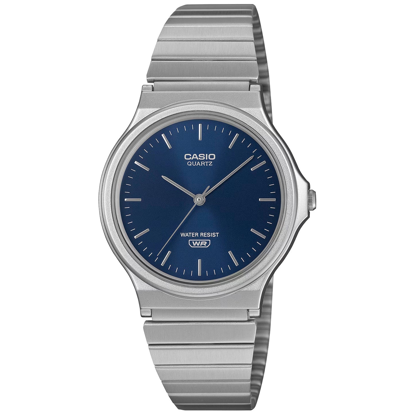 Casio Quarz-Armbanduhr mit dunkelblauem Zifferblatt und Edelstahlarmband, rundes Gehäuse