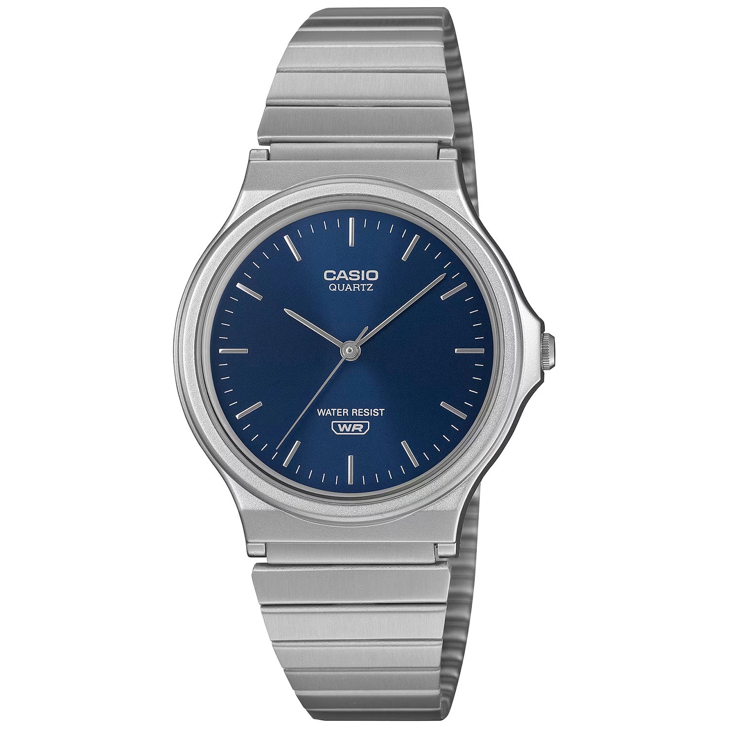 Casio Quarz-Armbanduhr mit dunkelblauem Zifferblatt und Edelstahlarmband, rundes Gehäuse