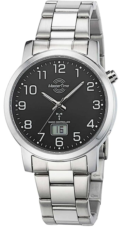 Herrenarmbanduhr mit silberfarbenem Metallband und schwarzem Zifferblatt, Analoganzeige