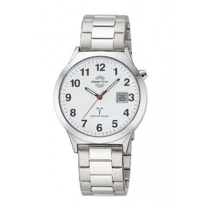 Weiße Herrenuhr mit Metallarmband, analogem Ziffernblatt und kleinem Digitaldisplay