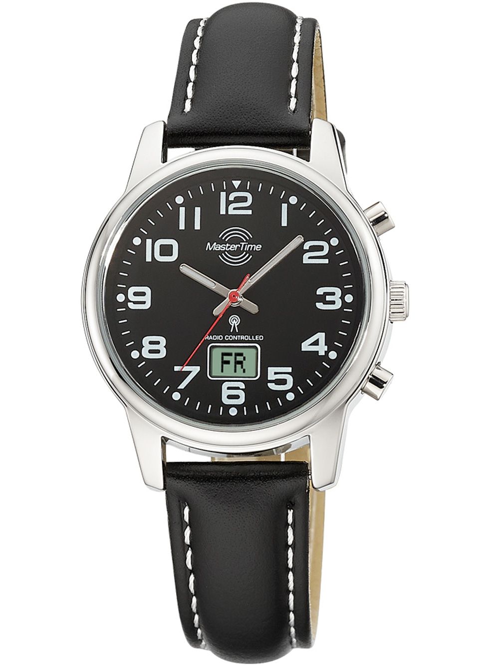 Damenarmbanduhr mit schwarzem Zifferblatt, schwarzem Lederarmband und silbernem Gehäuse