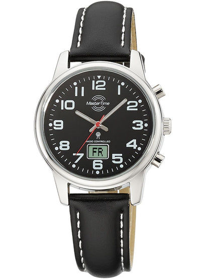 Damenarmbanduhr mit schwarzem Zifferblatt, schwarzem Lederarmband und silbernem Gehäuse