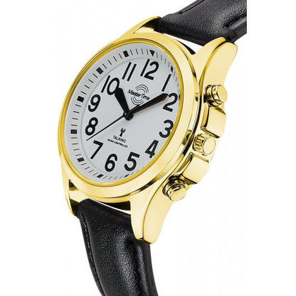 Damen-Armbanduhr mit goldfarbenem Gehäuse und schwarzem Lederband; sichtbare Krone