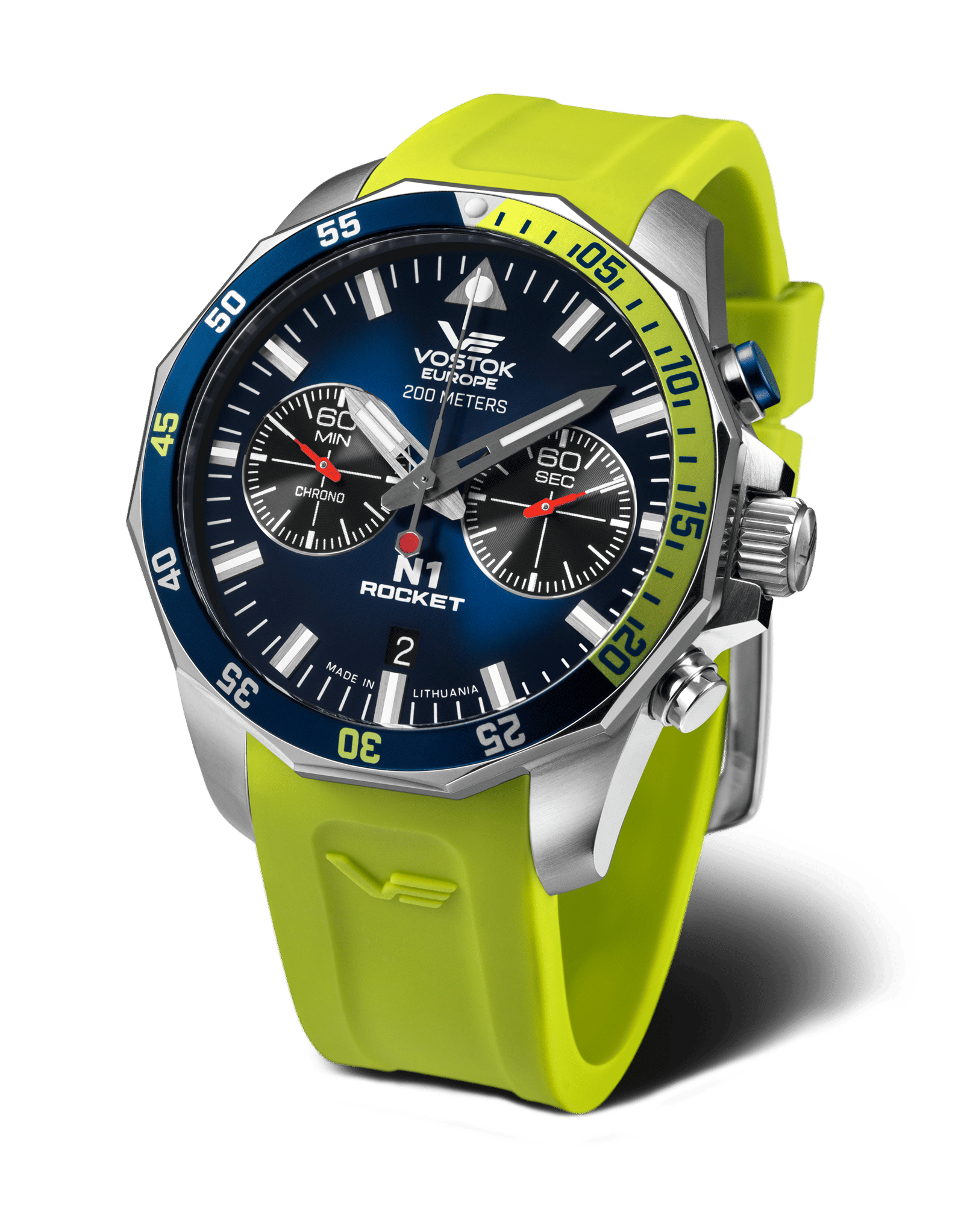 Vostok Europe herrklocka Rocket N1 med blå urtavla och gult silikonarmband