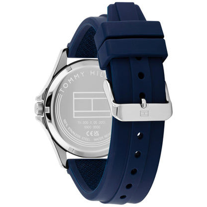 Tommy Hilfiger Armbanduhr mit blauem Silikonarmband und Gehäuseboden mit Beschriftung