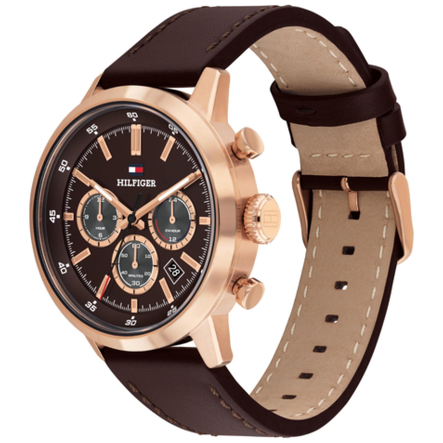 Tommy Hilfiger Armbanduhr: rundes Gehäuse in Roségold-Optik, braunes Lederband, Chronograph